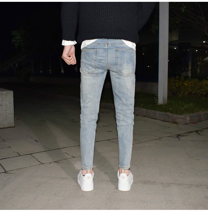 Light Blue Washed-out Vintage Distressed Stretch Jeans view 7