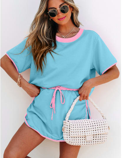 Turquoise Colorblock Edge Drop Shoulder T Shirt And Skort 2Pcs Set view 5