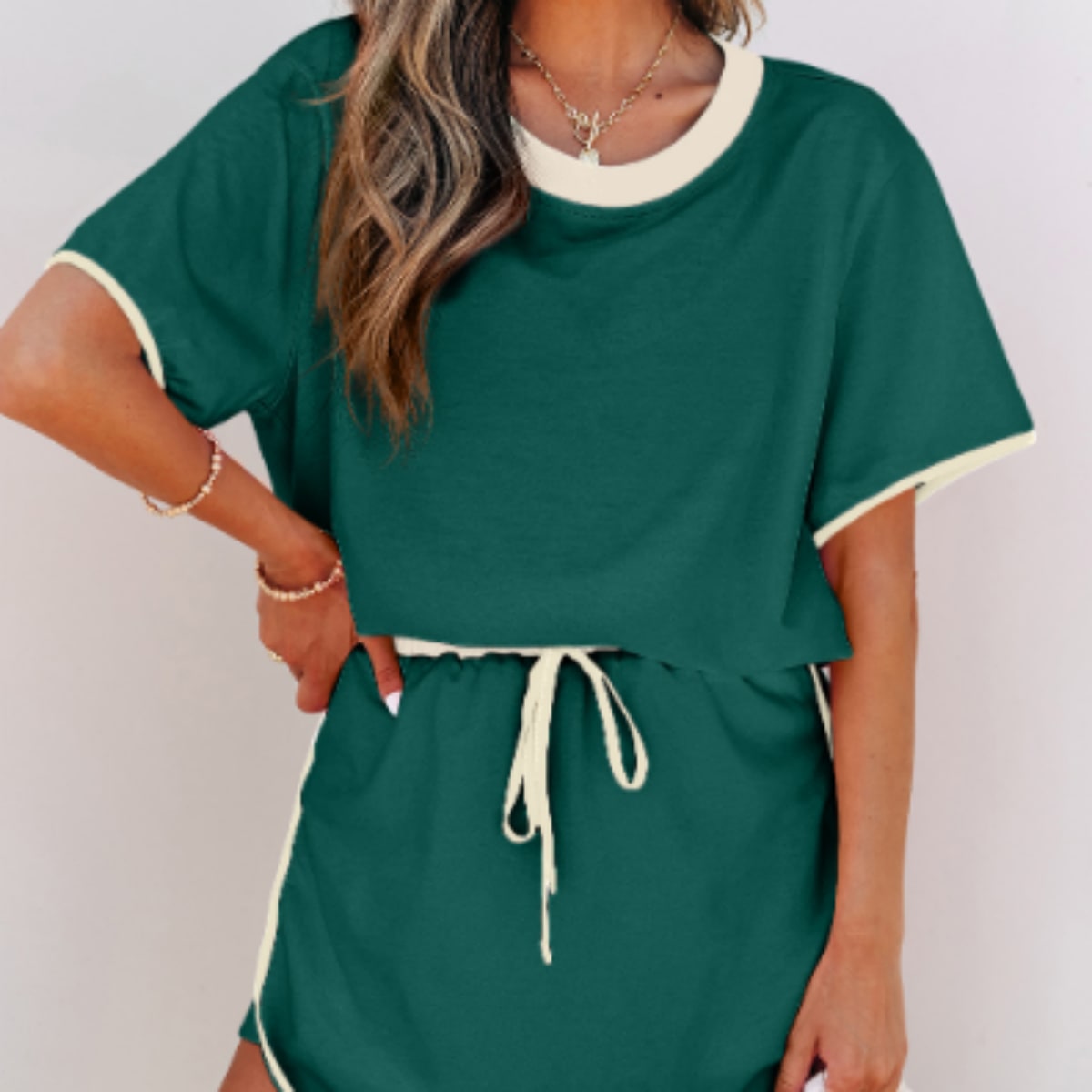 Turquoise Colorblock Edge Drop Shoulder T Shirt And Skort 2Pcs Set view 4