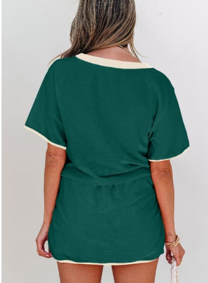 Turquoise Colorblock Edge Drop Shoulder T Shirt And Skort 2Pcs Set view 1