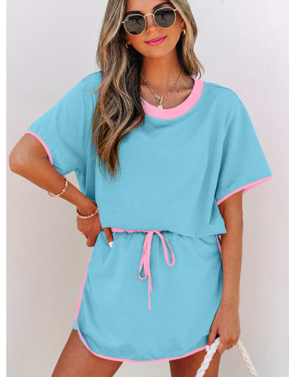 Turquoise Colorblock Edge Drop Shoulder T Shirt And Skort 2Pcs Set view 2