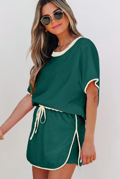 Turquoise Colorblock Edge Drop Shoulder T Shirt And Skort 2Pcs Set view 3