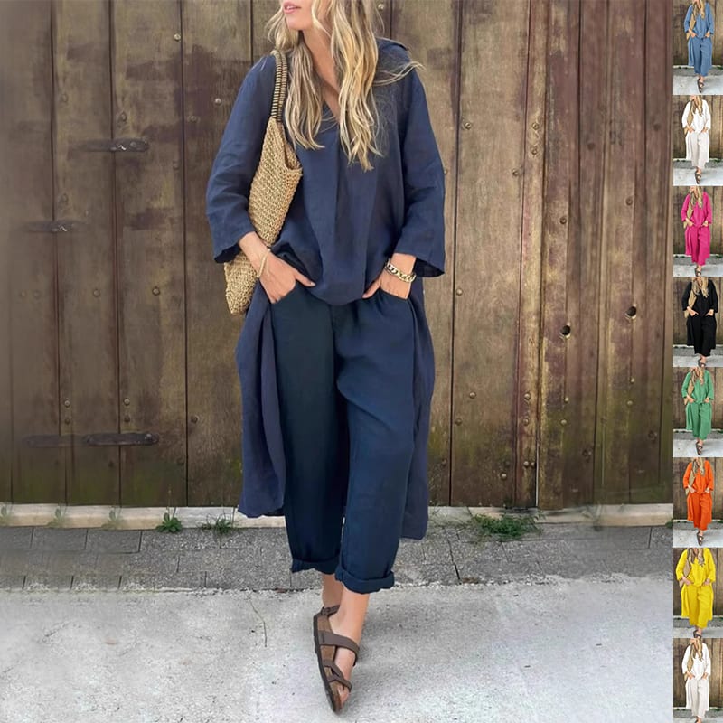 2pcs Long-sleeved Suits Loose V-neck Long Top And High Waist Wide Leg Pants With Pockets Women's Clothing view 4