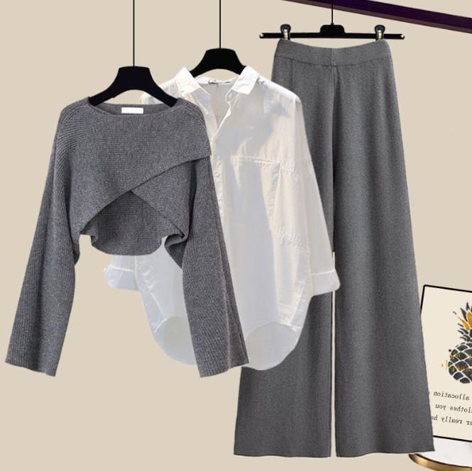 3pcs Knitted Sweater Suit With Shirt And Wide Leg Pants Autumn And Winter Suit Women view 8