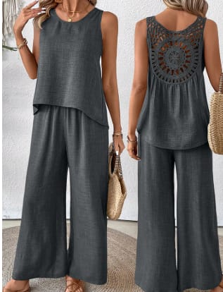 2 Pieces Set Women's Sleeveless Solid Color Back Hollow Lace Suit Summmer Trendy Casual Top Wide Leg Pants Set For Daily Wear Holiday Outfit view 8