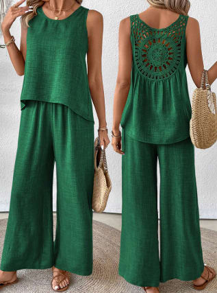 2 Pieces Set Women's Sleeveless Solid Color Back Hollow Lace Suit Summmer Trendy Casual Top Wide Leg Pants Set For Daily Wear Holiday Outfit view 11