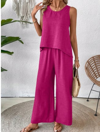 2 Pieces Set Women's Sleeveless Solid Color Back Hollow Lace Suit Summmer Trendy Casual Top Wide Leg Pants Set For Daily Wear Holiday Outfit view 2