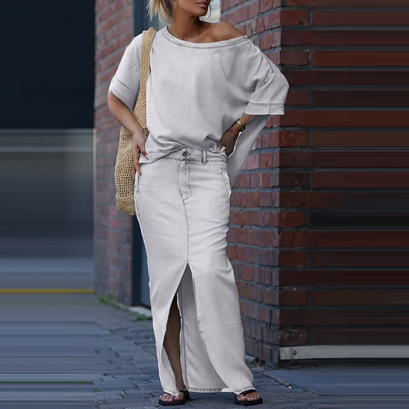 Two-piece Skirt Suits Fashion Loose Bat-sleeved Short Sleeve Top And Slim Fit Slit Maxi Skirt Patchwork Chic Outfit Women's Clothing view 4