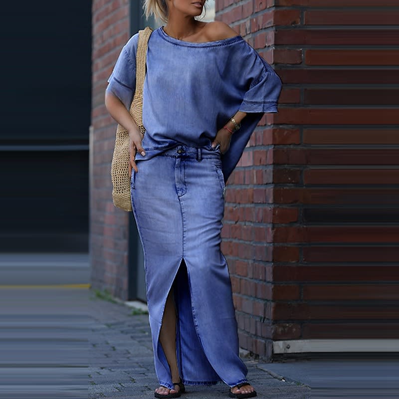 Two-piece Skirt Suits Fashion Loose Bat-sleeved Short Sleeve Top And Slim Fit Slit Maxi Skirt Patchwork Chic Outfit Women's Clothing view 6