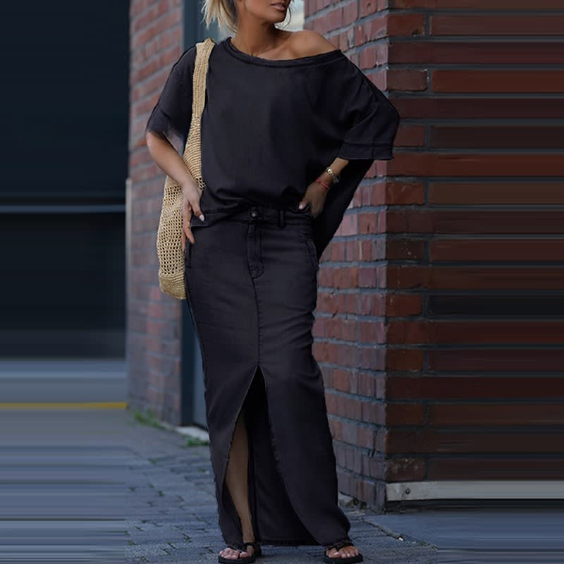 Two-piece Skirt Suits Fashion Loose Bat-sleeved Short Sleeve Top And Slim Fit Slit Maxi Skirt Patchwork Chic Outfit Women's Clothing view 2