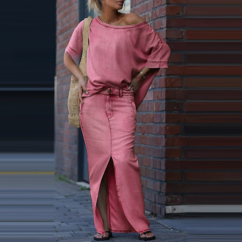 Two-piece Skirt Suits Fashion Loose Bat-sleeved Short Sleeve Top And Slim Fit Slit Maxi Skirt Patchwork Chic Outfit Women's Clothing view 7