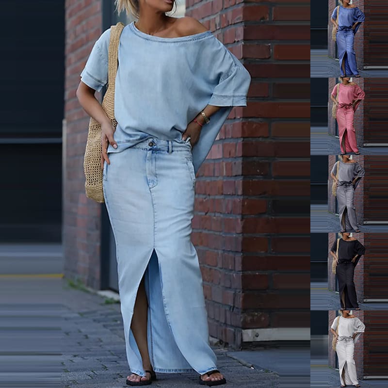Two-piece Skirt Suits Fashion Loose Bat-sleeved Short Sleeve Top And Slim Fit Slit Maxi Skirt Patchwork Chic Outfit Women's Clothing view 5