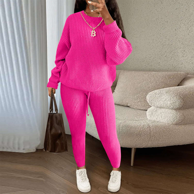 Winter Ribbed Knit Suits Fashion Loose Pullover Sweater Top And Drawstring Pants For Women Trouser Set Clothing view 3