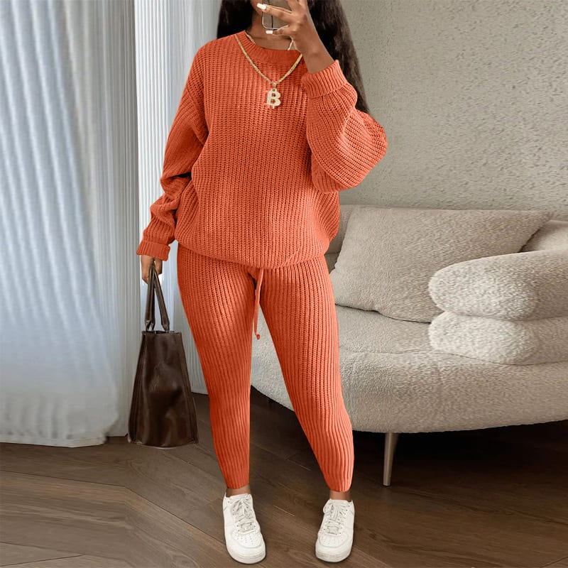 Winter Ribbed Knit Suits Fashion Loose Pullover Sweater Top And Drawstring Pants For Women Trouser Set Clothing view 2