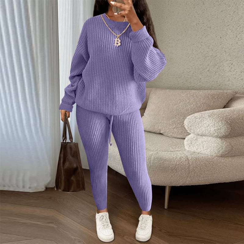 Winter Ribbed Knit Suits Fashion Loose Pullover Sweater Top And Drawstring Pants For Women Trouser Set Clothing view 4