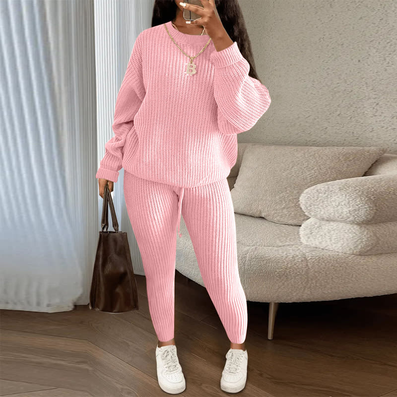Winter Ribbed Knit Suits Fashion Loose Pullover Sweater Top And Drawstring Pants For Women Trouser Set Clothing view 6