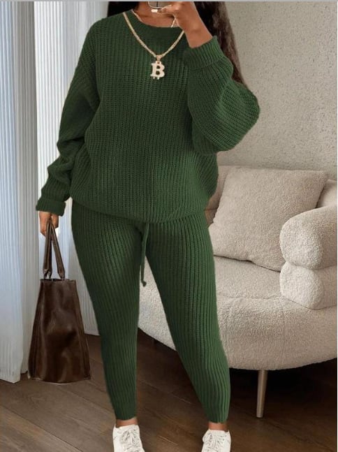 Winter Ribbed Knit Suits Fashion Loose Pullover Sweater Top And Drawstring Pants For Women Trouser Set Clothing view 7