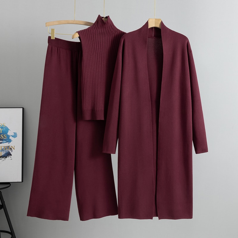 3pcs Suits Women Fashion Knitting Sleeveless Vest Sweater Long Cardigan And Wide-leg Pants Three-piece Set view 4