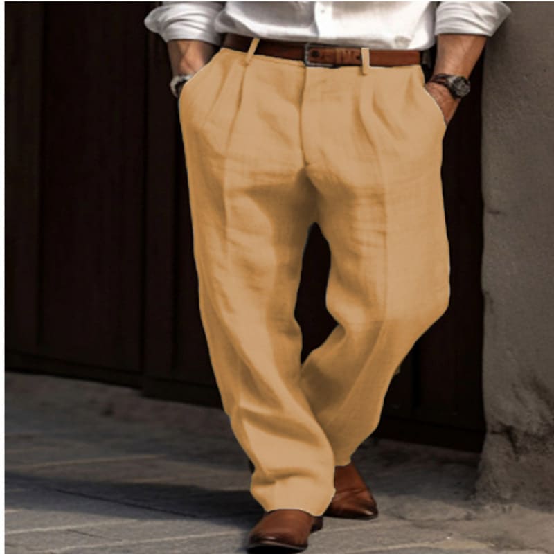 Men's Linen Trousers Double Pleated Front Pocket Straight Pure Color Comfort Breathable Casual view 17