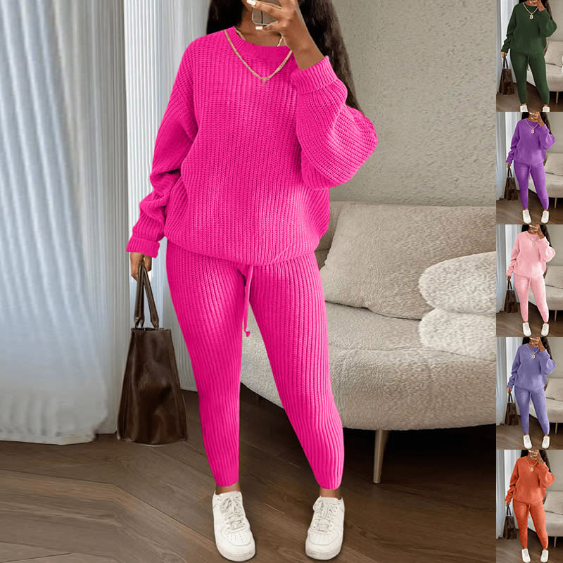 Winter Ribbed Knit Suits Fashion Loose Pullover Sweater Top And Drawstring Pants For Women Trouser Set Clothing view 5