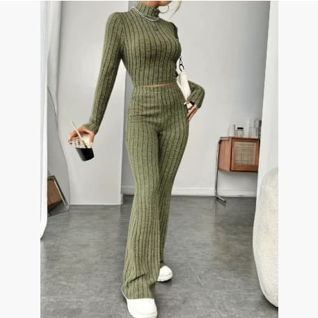 Long Sleeve Turtlenecks Wide Leg High Waist Trousers Suit view 12