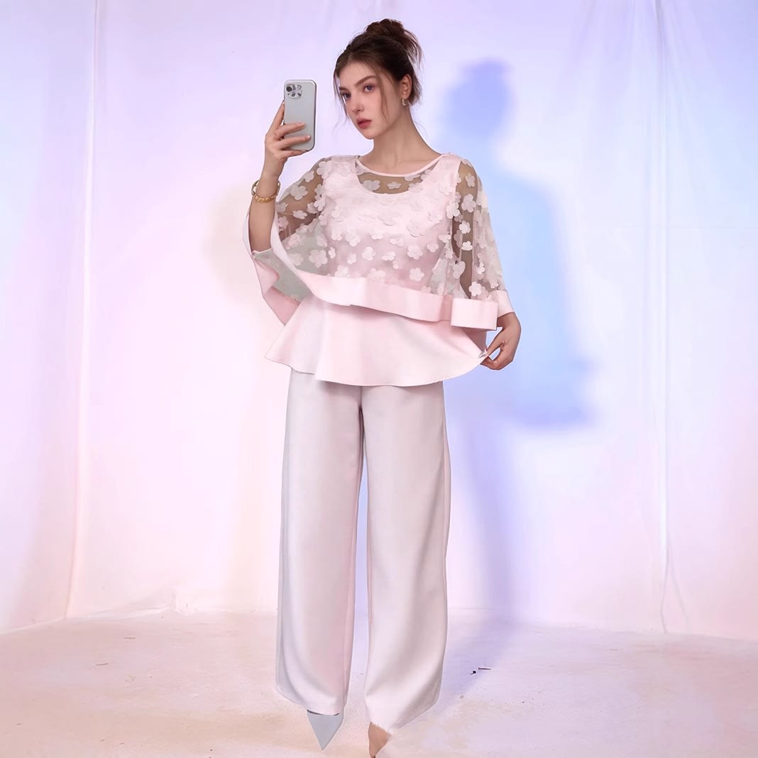 Net Yarn Flowers Long Sleeve Two-piece Set view 4