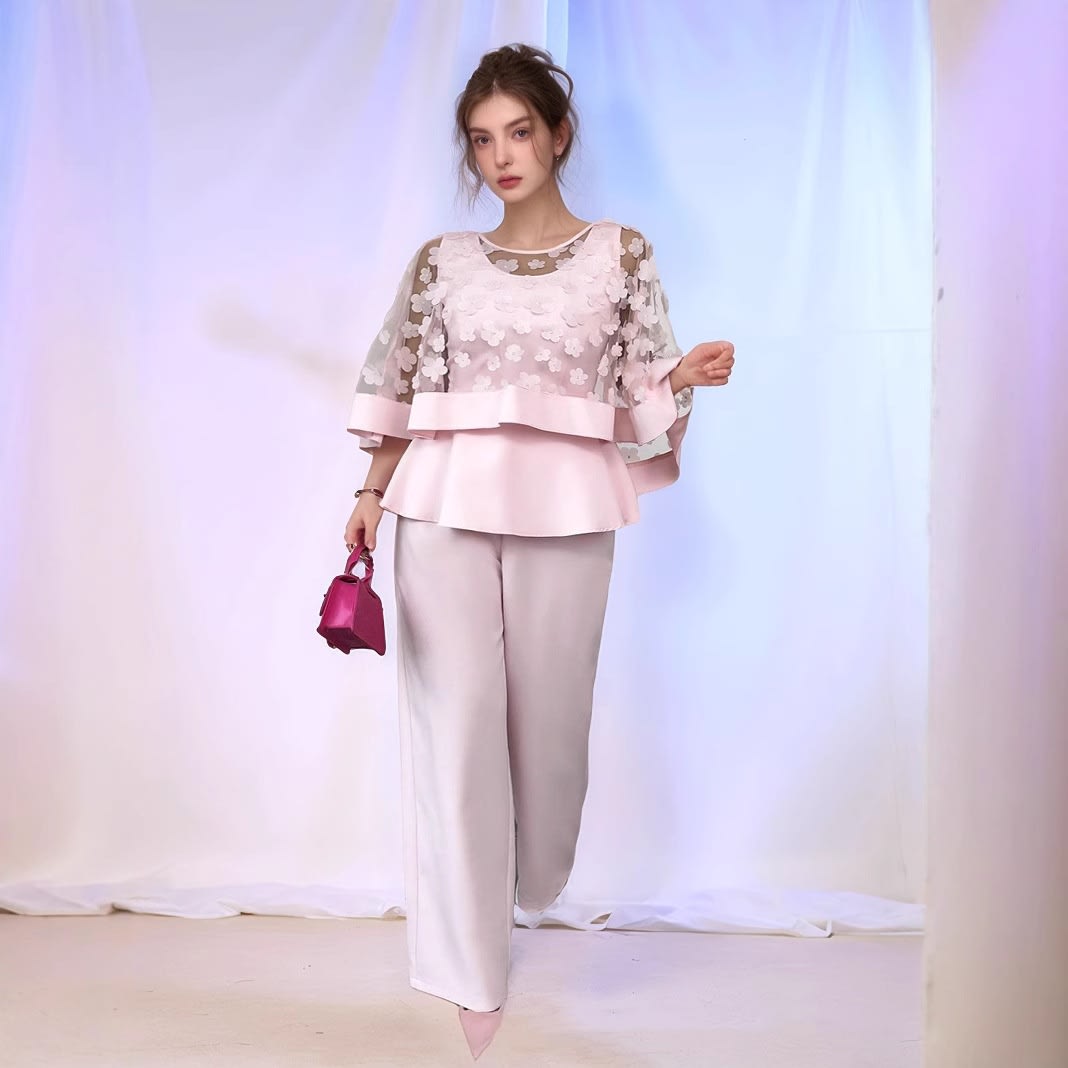 Net Yarn Flowers Long Sleeve Two-piece Set view 2