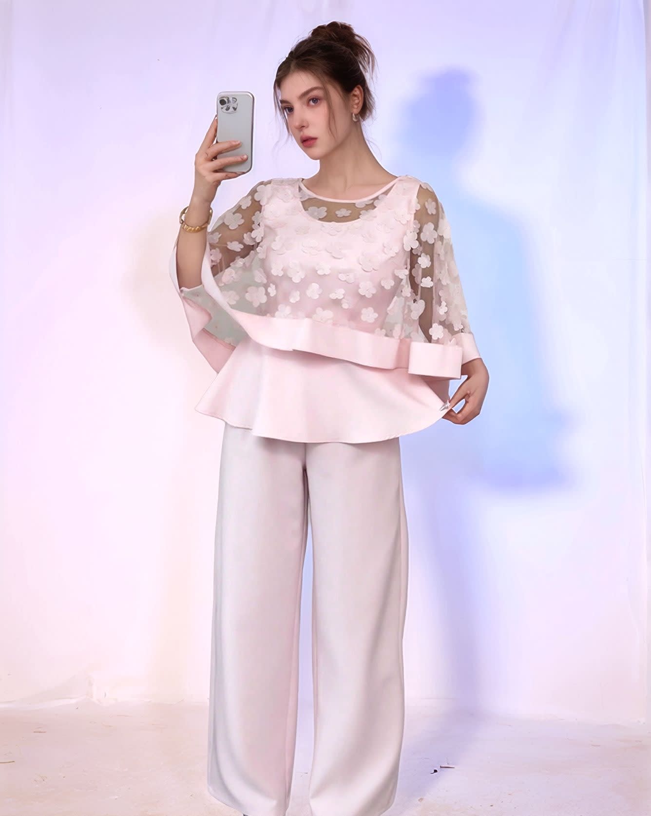Net Yarn Flowers Long Sleeve Two-piece Set view 1