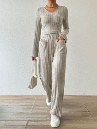 Long Sleeve Turtlenecks Wide Leg High Waist Trousers Suit view 11