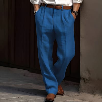 Men's Linen Trousers Double Pleated Front Pocket Straight Pure Color Comfort Breathable Casual view 8