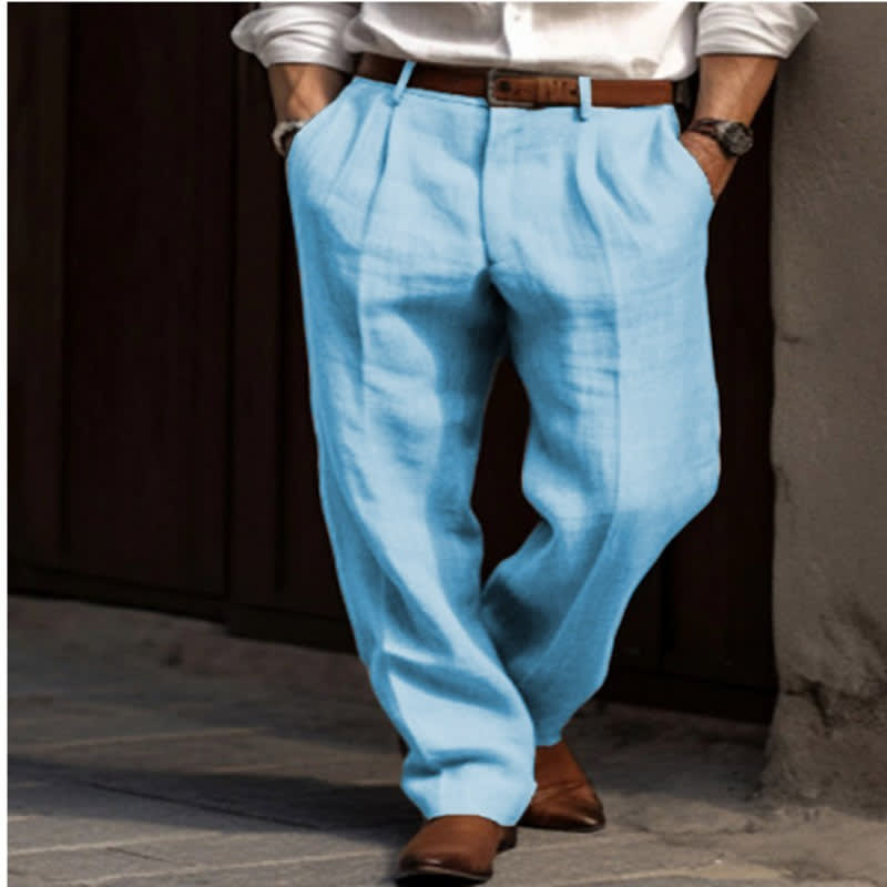 Men's Linen Trousers Double Pleated Front Pocket Straight Pure Color Comfort Breathable Casual view 15
