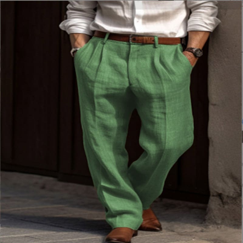 Men's Linen Trousers Double Pleated Front Pocket Straight Pure Color Comfort Breathable Casual view 10
