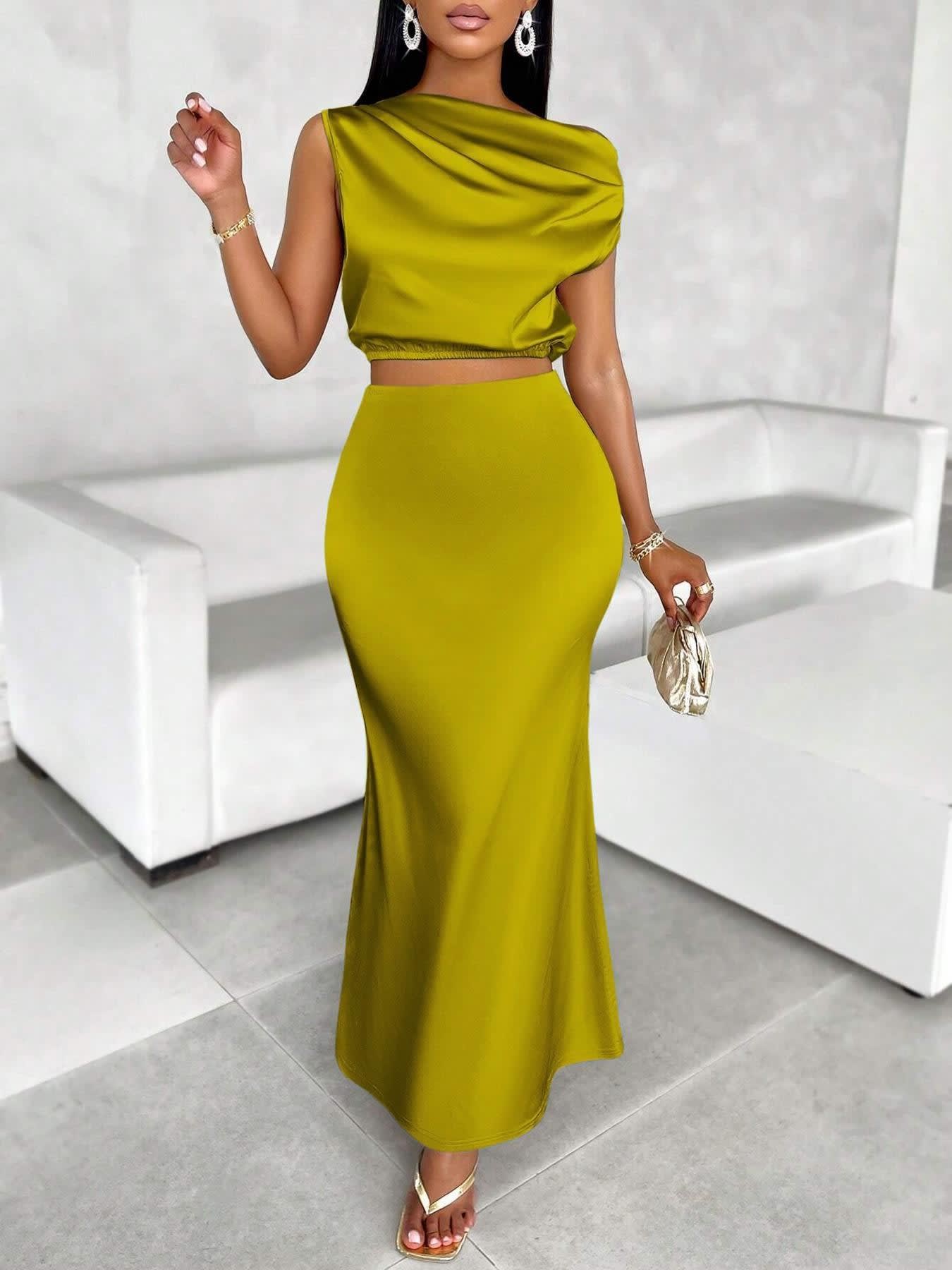 Women's Solid Color Satin Dress Midriff Outfit Suit view 7