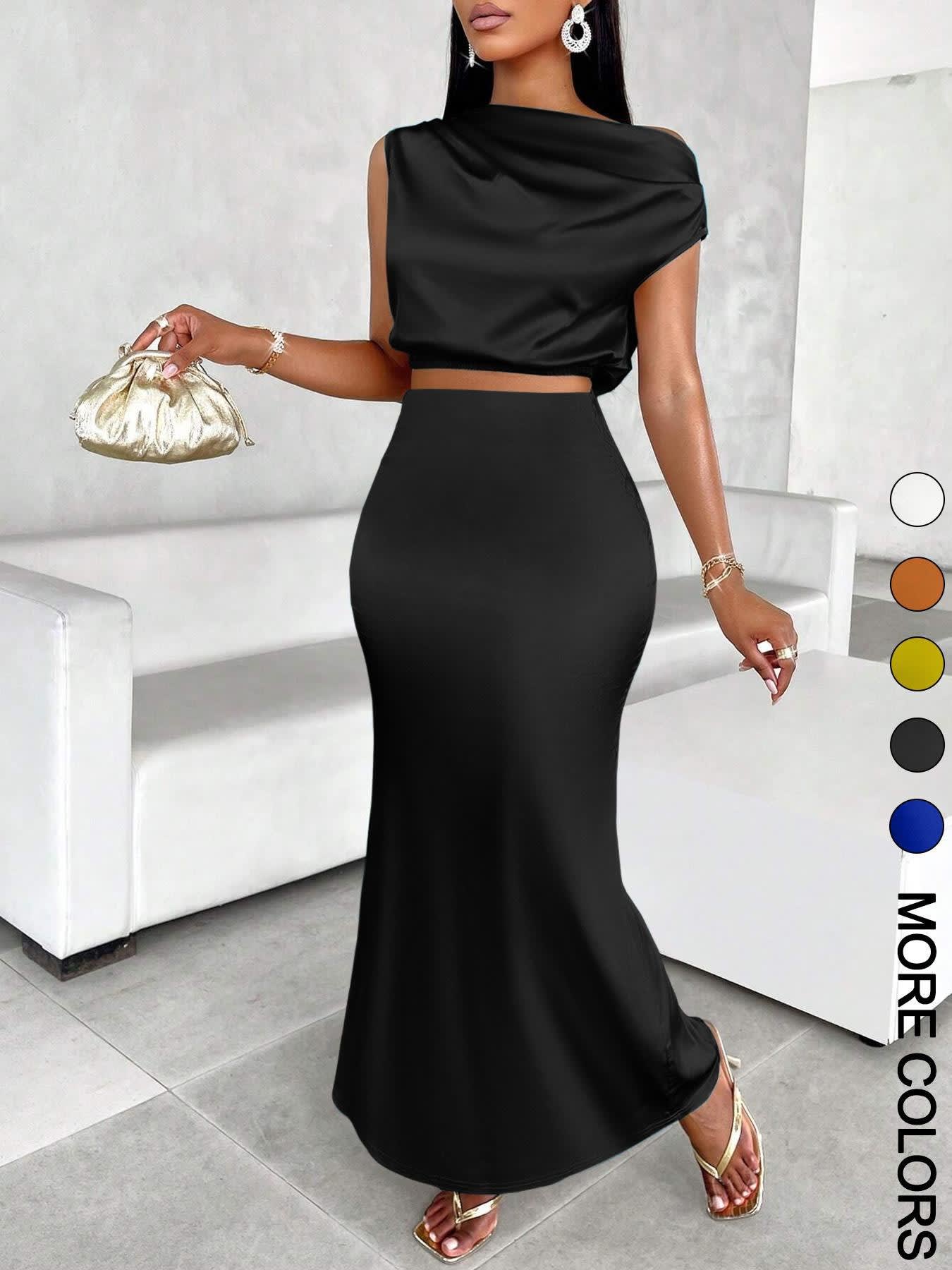 Women's Solid Color Satin Dress Midriff Outfit Suit view 4