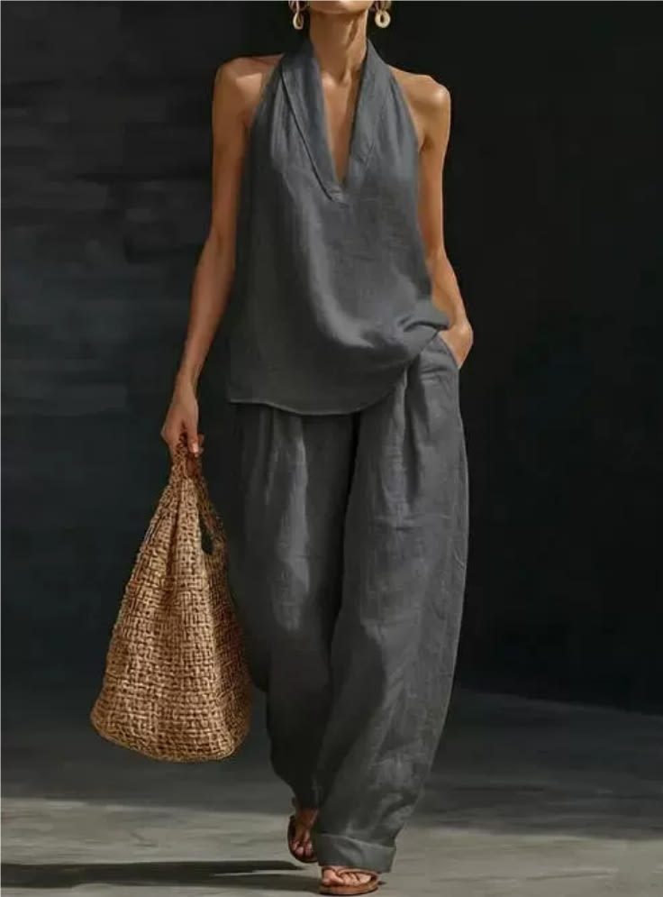 Summer Sleeveless Suits V-neck Halter Top And Wide-leg Pants Fashion Casual Straight Trousers Set view 9