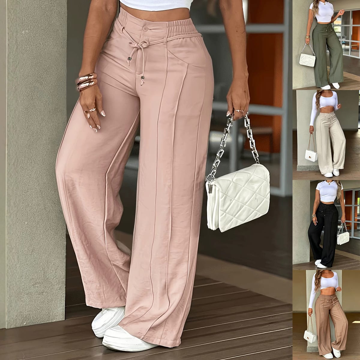 Lace-up Trousers Loose-fit Drawstring Wide-leg Pants With Multiple Pockets view 4