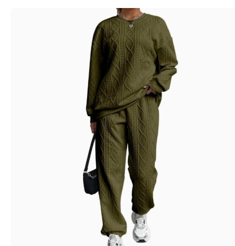 Jacquard Long Sleeve Casual Round Neck Sweater Trousers Suit view 8