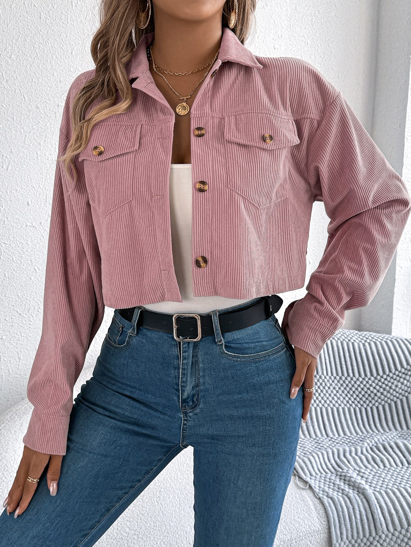 Casual Pocket Long Sleeve Corduroy Short Jacket Coat view 2