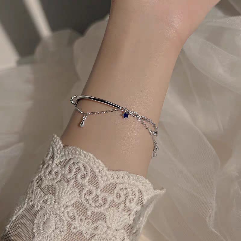 1pc 999 Sterling Silver Double-Layer Tassel Star Half-Bangle Bracelet, Trendy Style, Perfect For Daily Wear & Valentine's Gifts view 8