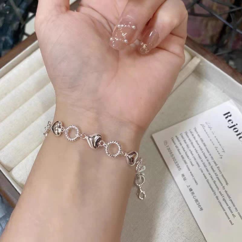 1pc 999 Sterling Silver Heart & Twisted Ring Link Bracelet, Sweet Minimalist Style, Perfect For Daily Wear & Valentine's Gifts view 1