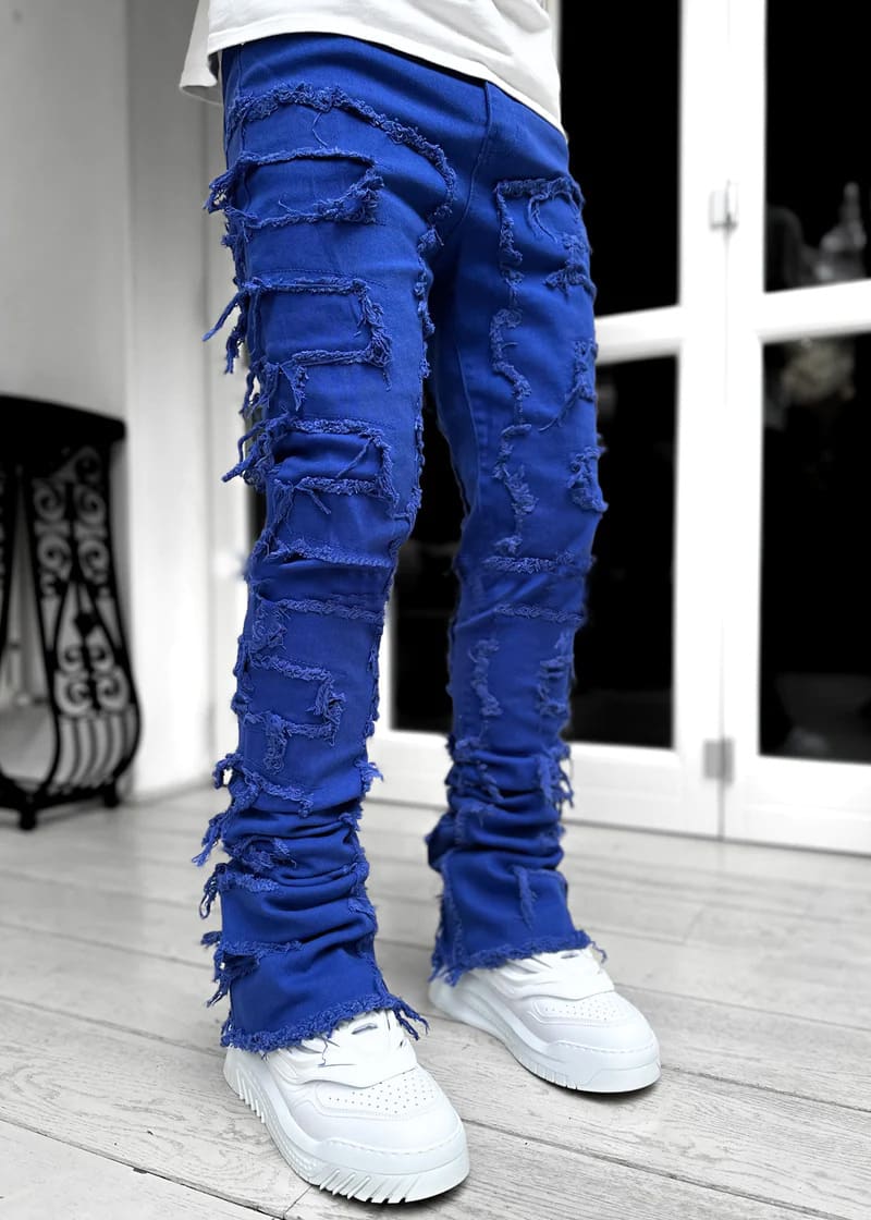 Ins Fringes Ripped Trousers Individual Patched Pants Long Tight Fit Stacked Jeans For Mens Clothing view 9
