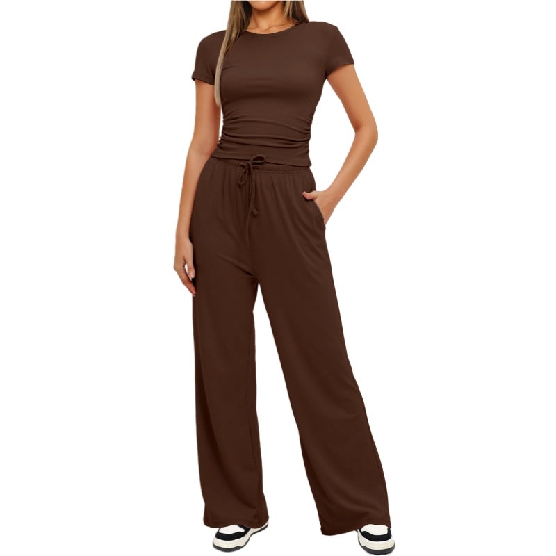 2pcs Solid Color Casual Sports Yoga Suit Short-sleeved Top And High-waisted Drawstring Wide-leg Pants Summer Fashion Set For Womens Clothing view 9