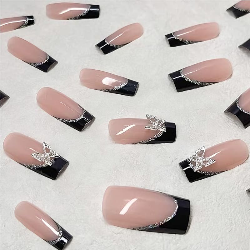 24 PCS Black P Ink Butterfly Nail Art, Long Length Long Water Pipe Fake Nails,Square Head Nail Tips False Nail view 5