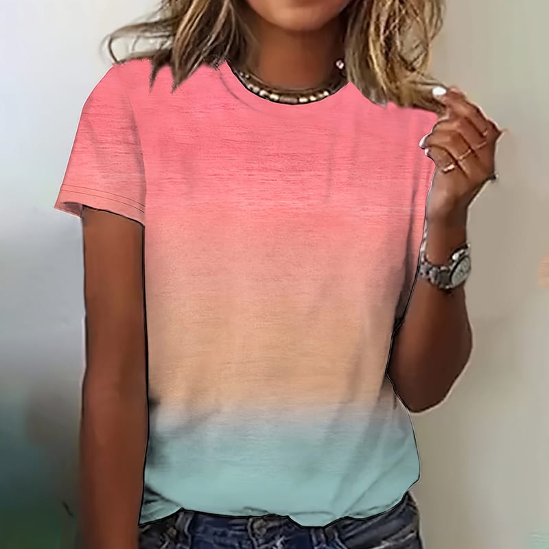 Women's Gradient Color Crew Neck T-Shirt Short Sleeve Casual Top view 3