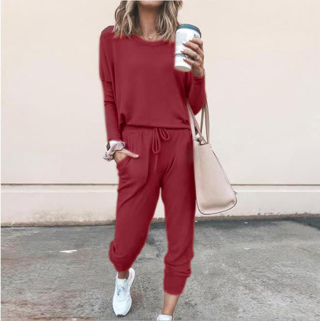 Women's Long Sleeve Suit Fashion Pullover Top And Pockets Drawstring Long Pants Solid Color Casual Sports Trouser Suit Clothing view 7