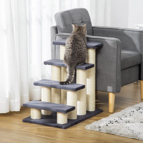 PawHut Cat Tree With 4 Steps For High Beds Couch, Cute Stair Shaped Cat Tree For Indoor Cats Or Dogs W Sisal Scratching Post, Climbing, Playing, Gray view 10