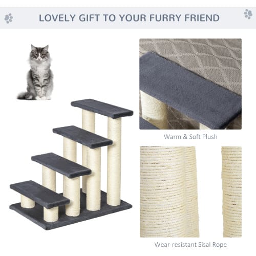 PawHut Cat Tree With 4 Steps For High Beds Couch, Cute Stair Shaped Cat Tree For Indoor Cats Or Dogs W Sisal Scratching Post, Climbing, Playing, Gray view 7