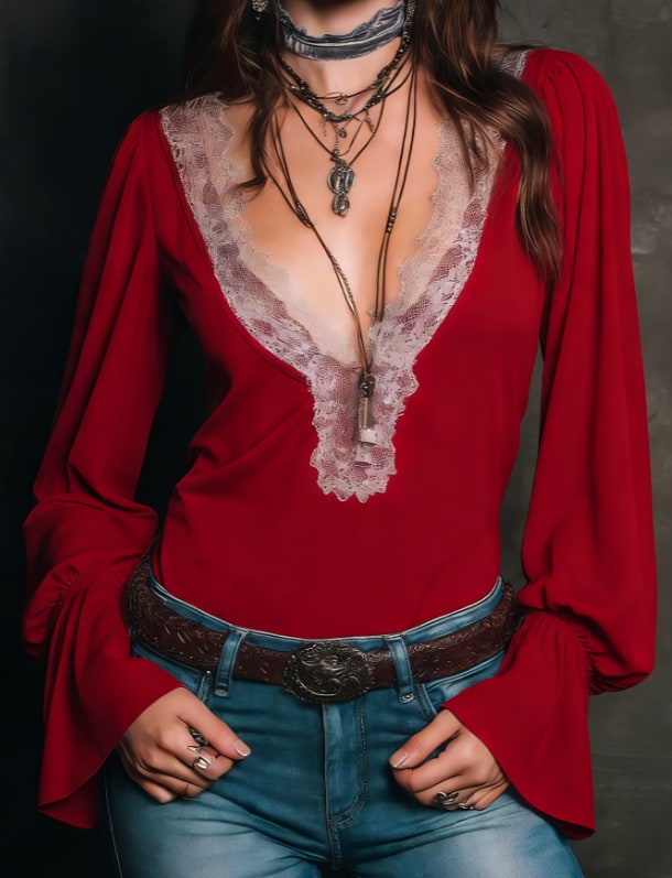 Lace V-neck Bell Sleeve Slim-fit Long-sleeved Top
