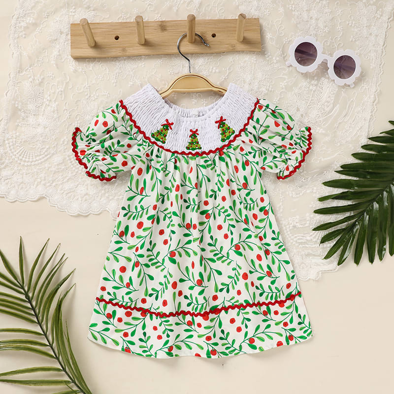 Toddler Infant Baby Girls Christmas Dress Short Sleeve Christmas Tree Embroidered Plaid Casual Party Dresses view 7