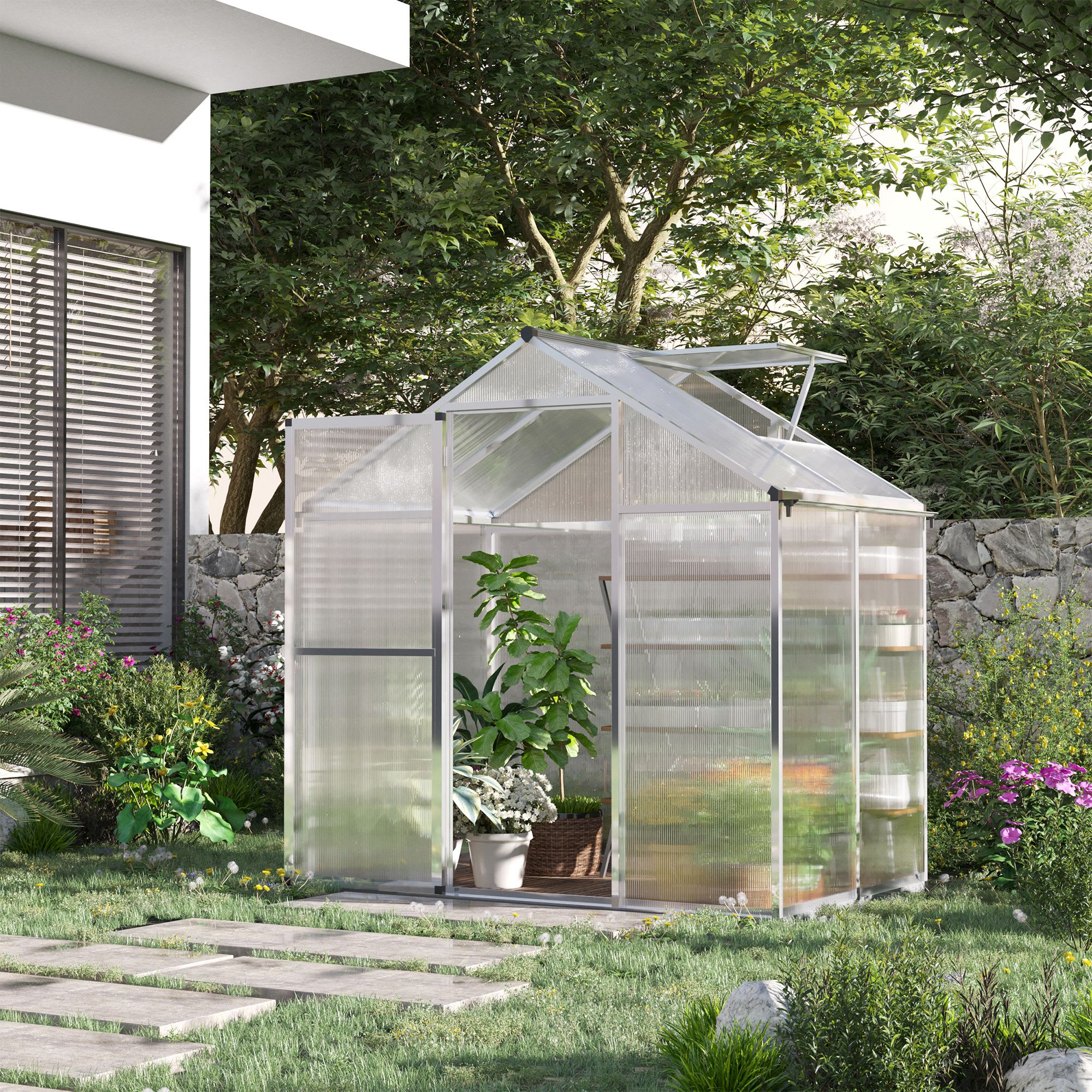 4 L X 6 W Walk-In Polycarbonate Greenhouse With Roof Vent, Outdoor Greenhouse For Winter, Clear view 4